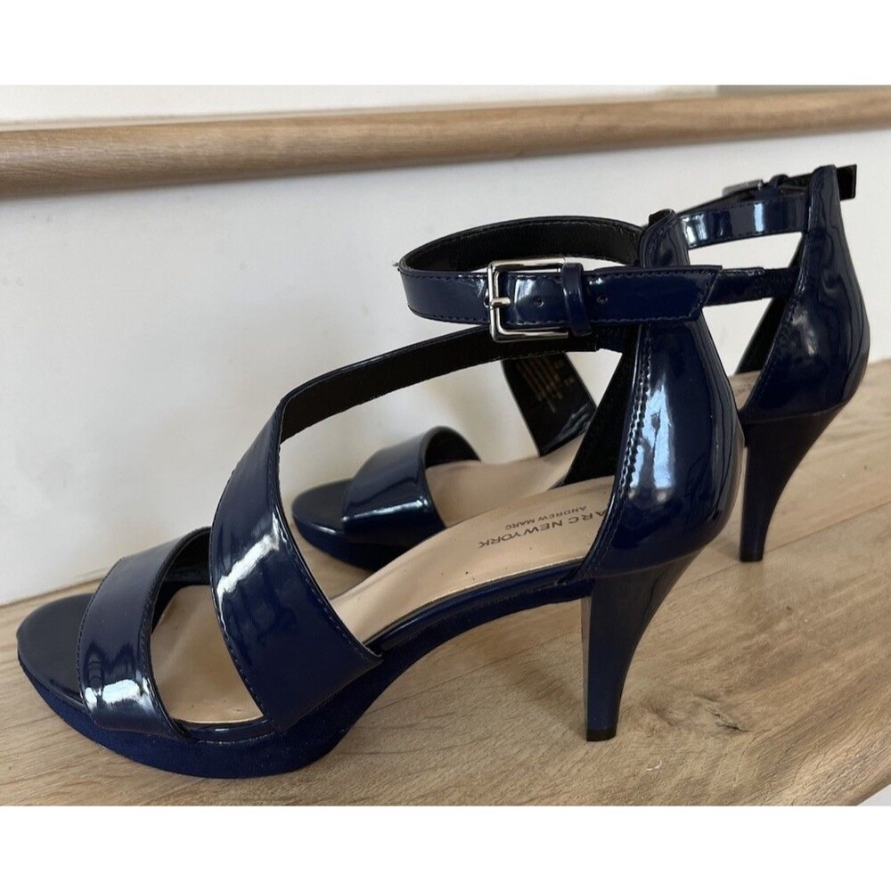 Marc New York Patent Leather Strappy Ankle Buckle Heeled Sandals 8.5M Navy Blue - Picture 3 of 10